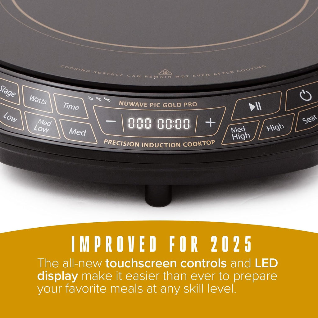Nuwave Gold Pro Precision Induction Cooktop, Large 8' Heating Coil, 12' Heat-Resistant Cooking Surface, Adjustable Wattages,100°F to 575°F, Portable, Built-In Safety Auto Shut Off