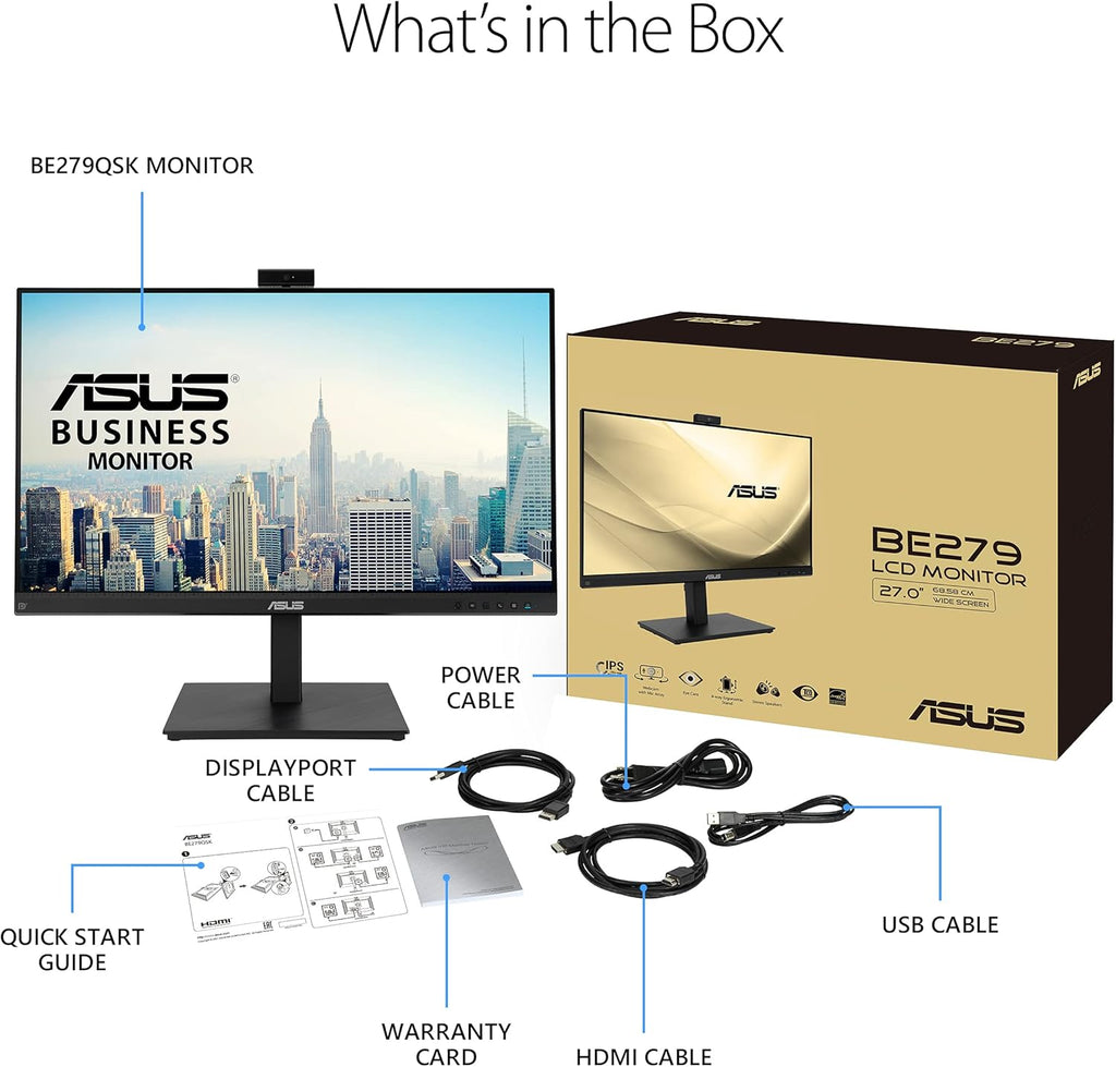 ASUS 27' 1080P Video Conference Monitor (BE279QSK) - Full HD, IPS, Built-in Adjustable 2MP Webcam, Mic Array, Speakers, Eye Care, Wall Mountable, Frameless, HDMI, DisplayPort, VGA, Height Adjustable
