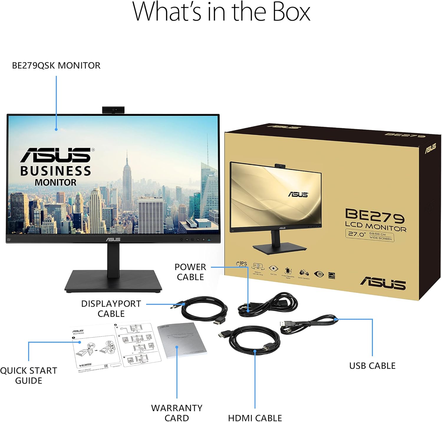 ASUS 27' 1080P Video Conference Monitor (BE279QSK) - Full HD, IPS, Built-in Adjustable 2MP Webcam, Mic Array, Speakers, Eye Care, Wall Mountable, Frameless, HDMI, DisplayPort, VGA, Height Adjustable