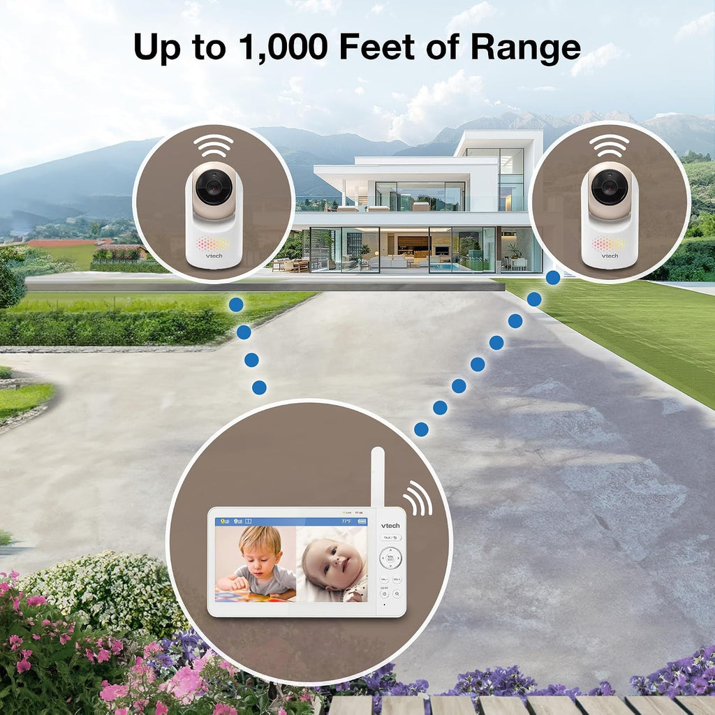 VTech 2-Cameras Video Baby Monitor with 7' Color LCD Screen, Rechargeable Battery, Video and Audio Streaming, Pan-Tilt-Zoom, Touch Multi-Color Night Light, Two-Way Talk: Advanced Max Twin (Tan)