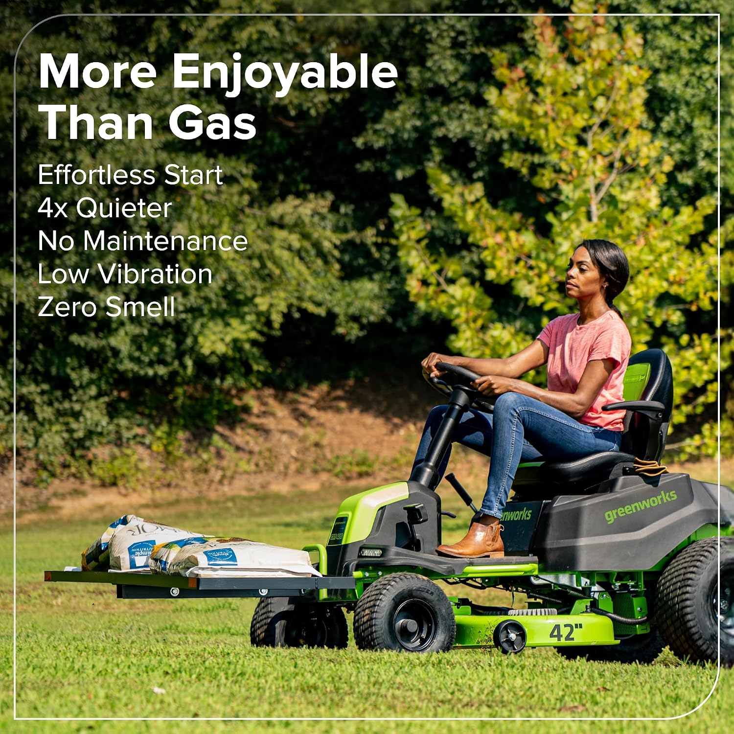Greenworks 60V 42' CrossoverT Cordless Riding Lawn Tractor, (4) 8.0Ah Batteries and (600W) Plug in Charger