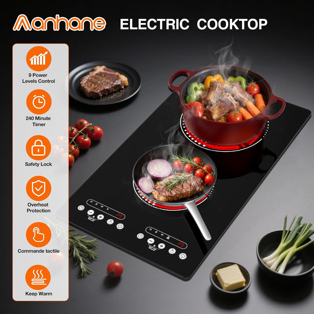 Electric Cooktop 2 Burner: 12 Inch Built-in Electric Stove Top with Dual Heating Rings, Child Lock & Keep-Warm – Portable Countertop Burner for Kitchen, RV, Apartment, All Cookware Compatible