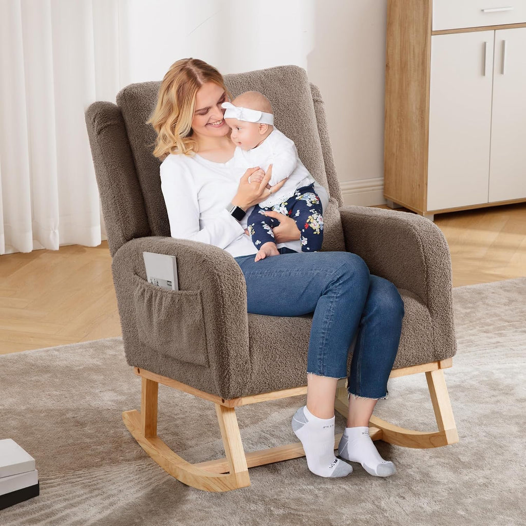 HCHAIRH Rocking Chair Nursery, Teddy Nursing Rocking Chairs, Upholstered Nursery Glider Rocker Wingback Morden Rocking Chair with Lumbar Pillow for Mom Nursery, Living Room, Bedroom, Coffee