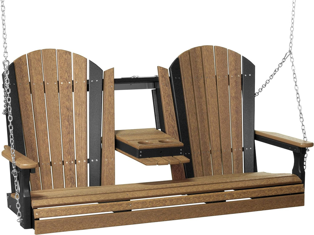 LuxCraft 5' Adirondack Hanging Porch Swing with Center Console, Outdoor Patio Swing, Front Porch Swing, Outdoor Swing Bench (Antique Mahogany & Black)