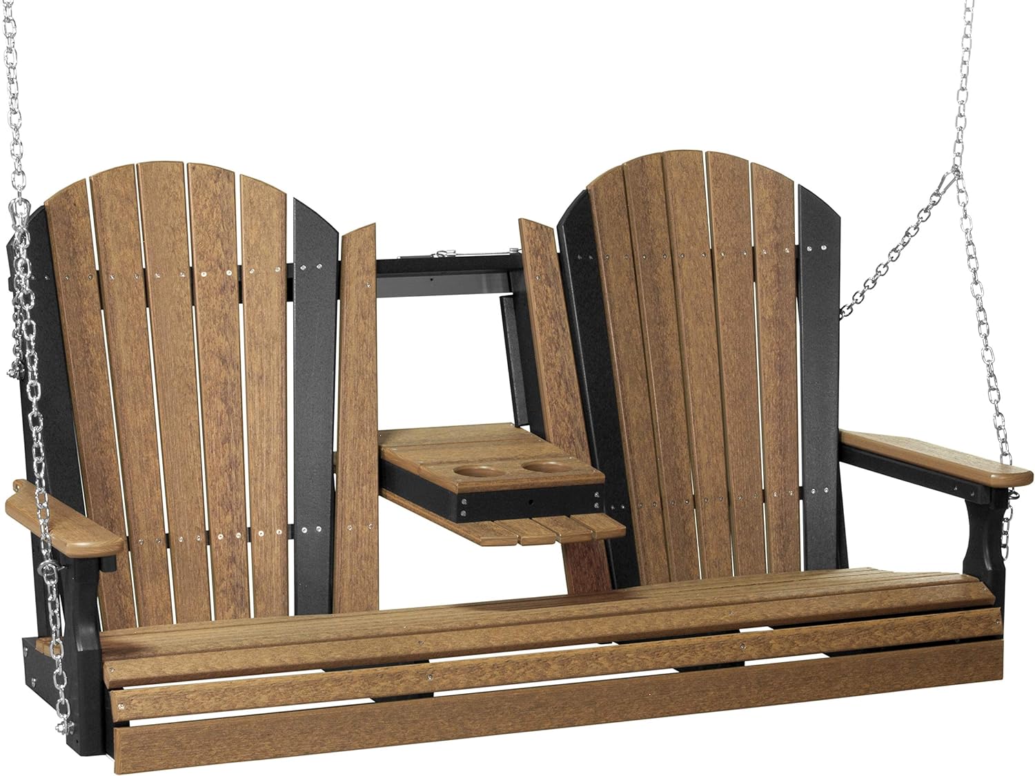 LuxCraft 5' Adirondack Hanging Porch Swing with Center Console, Outdoor Patio Swing, Front Porch Swing, Outdoor Swing Bench (Antique Mahogany & Black)