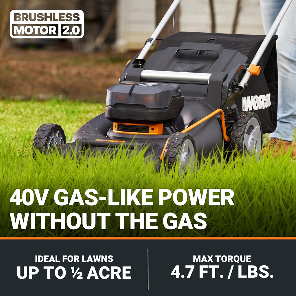 WORX Nitro 21' Cordless Lawn Mower, Brushless Electric Mower for 1/2 Acre, Push Lawn Mower with 7-Position Height Adjustment, 2 × 5.0 Ah Batteries & Charger Included, WG752