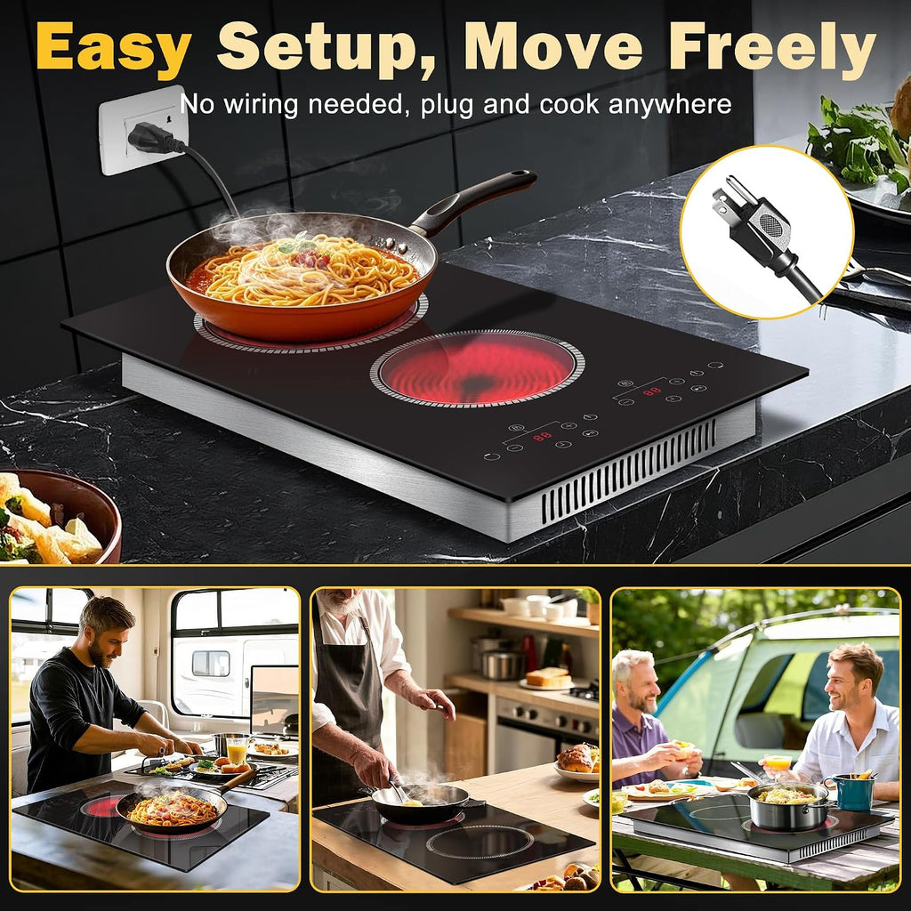 2 Burner Electric Cooktop, 12 Inch Electric Stove Top, 120V Double Burner Countertop Stove 2000W with Timer & 9-Level Adjustment, Sensor Touch Control, Child Lock, Built-in Radiant Cooktop Pladeca