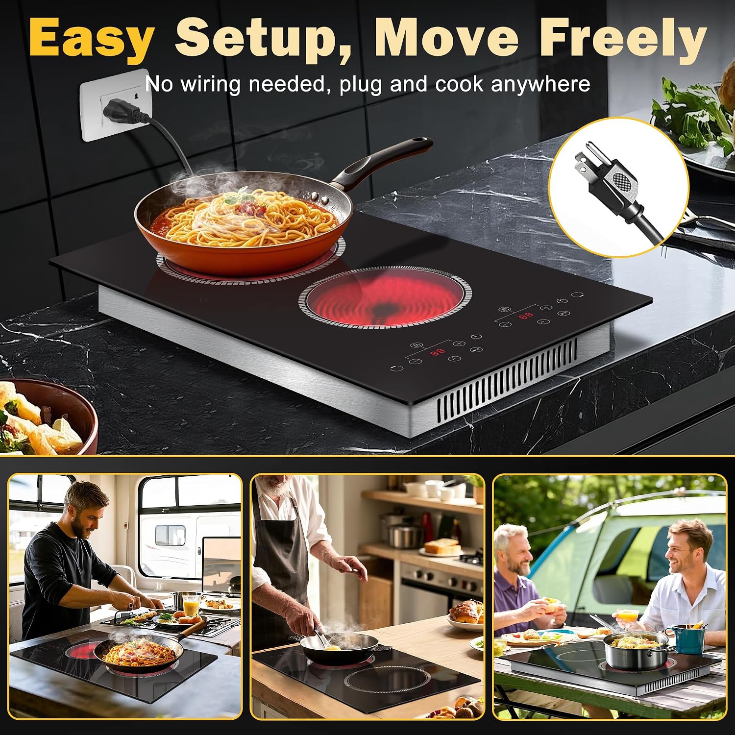 2 Burner Electric Cooktop, 12 Inch Electric Stove Top, 120V Double Burner Countertop Stove 2000W with Timer & 9-Level Adjustment, Sensor Touch Control, Child Lock, Built-in Radiant Cooktop Pladeca