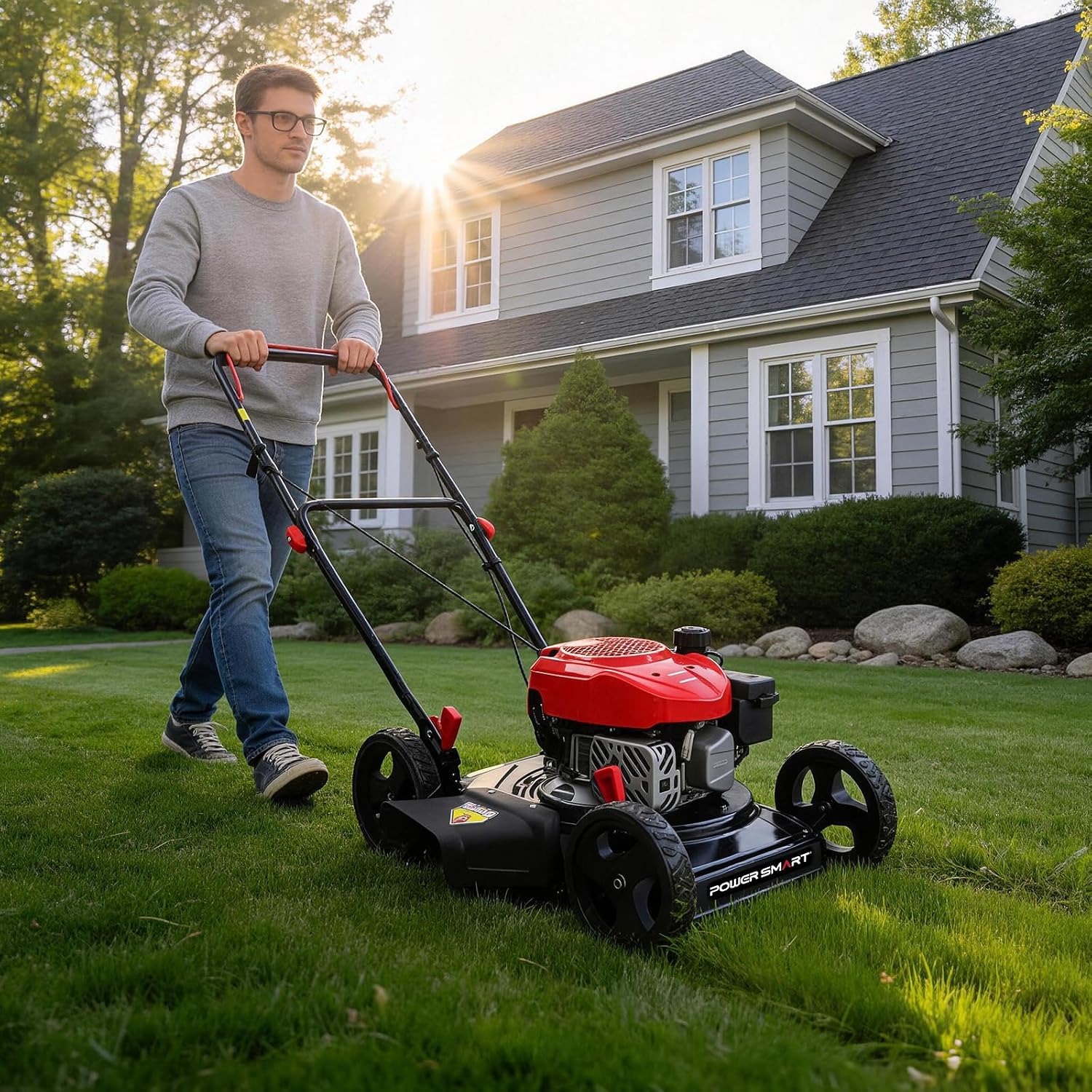 PowerSmart EasyCut 18' 144cc Gas Lawn Mower, Heavy-Duty Steel Deck, Side Discharge, 5-Position Height Setting, 2-in-1 Walk-Behind Push Mower with Side Discharge