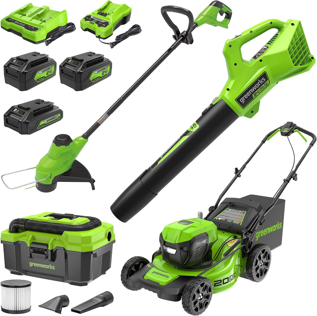 Greenworks 48V (24V x 2) Lawn Mower Combo Kit with 20' Steel Deck, 12' String Trimmer, 320 CFM Blower, Wet/Dry Shop Vacuum – All-in-One Cordless Combo: Ideal for Home Yard Work & Indoor Cleaning