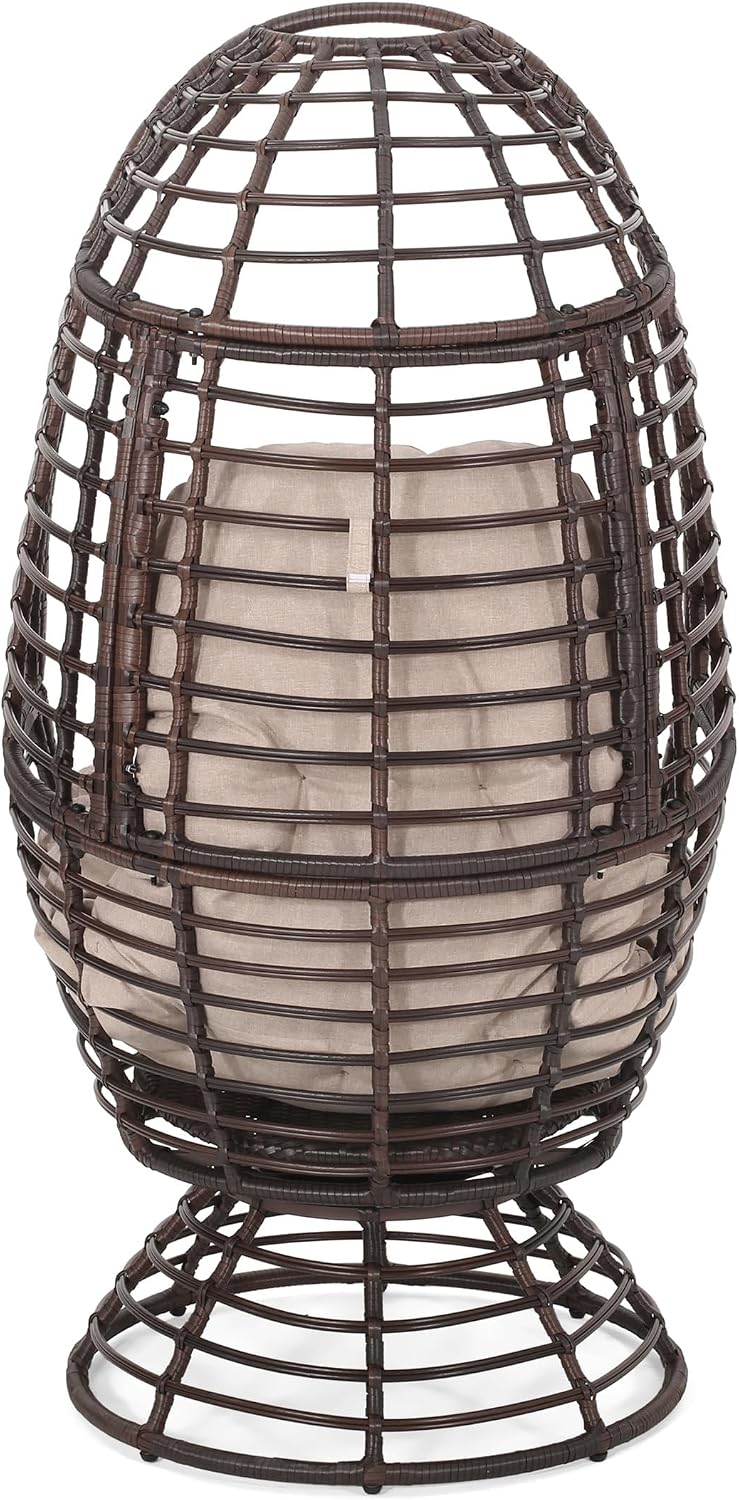 Wicker Egg Chair, Wicker Lounge Chair with Water Resistant Cushion, Indoor Outdoor Lounger for Patio, Backyard, Living Room (Dark Brown)