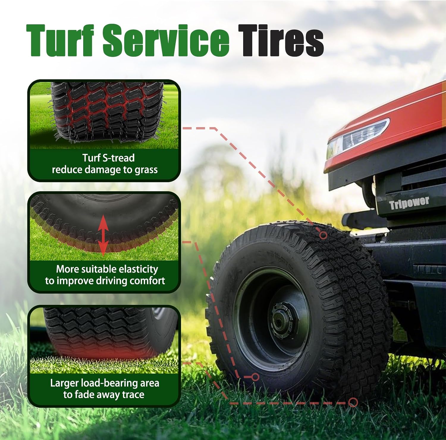 TRIPOWER 23x10.50-12 Lawn Mower Tires: 23x10.50x12 Tires for Riding Mower and Garden Tractor, 6PR Tubeless, 1340lbs Capacity, Set of 2