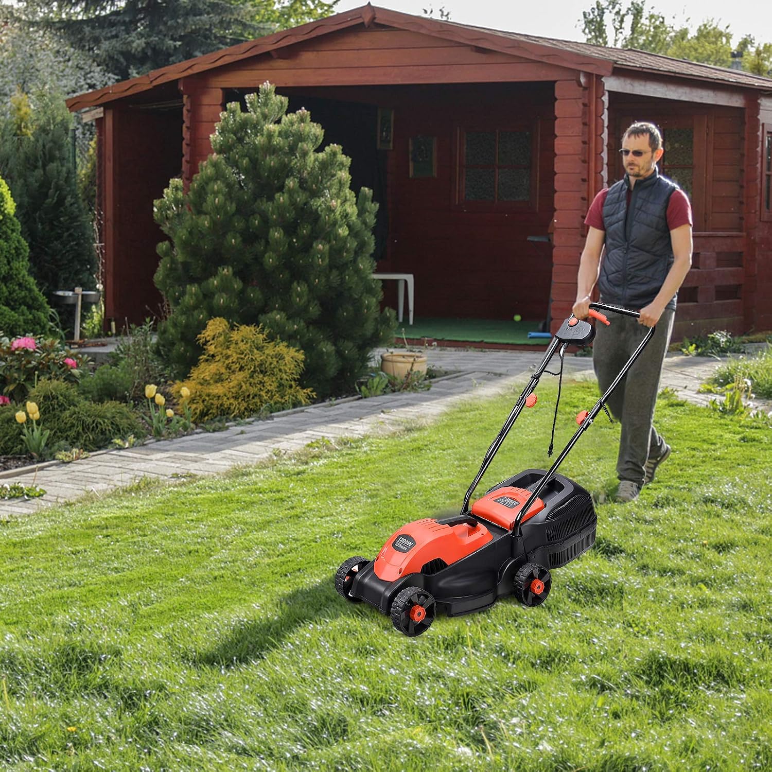 Happygrill Lawn Mower 13-Inch Electric Lawn Mower, Handle Push Corded Lawn Mowers with Grass Bag, Folding Handle, Adjustable Cutting Height for Garden Yard, 12 Amp,Red