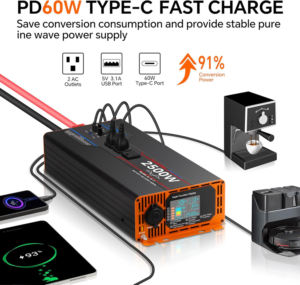 2500W Pure Sine Wave Inverter, Car Power Inverter 12V to 110V 120V, DC to AC Converter Generator with AC Outlets 3.0A USB Type-C, Remote Controller LCD Display Truck Inversor for Vehicles, RV