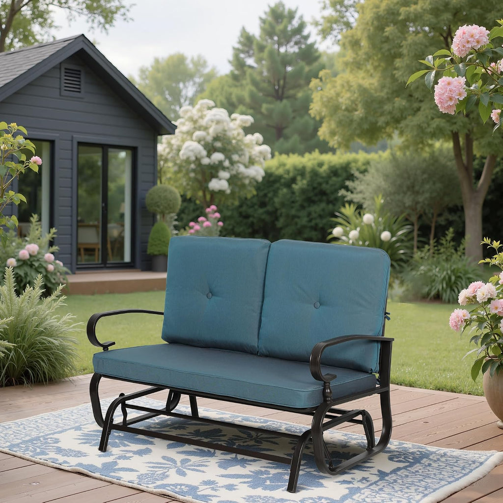 Outdoor Bench Patio Swing Glider Loveseat 2 Seats Rocking Chair, Wrought Iron Gliders for Outside Patio with Cushion (Blue)