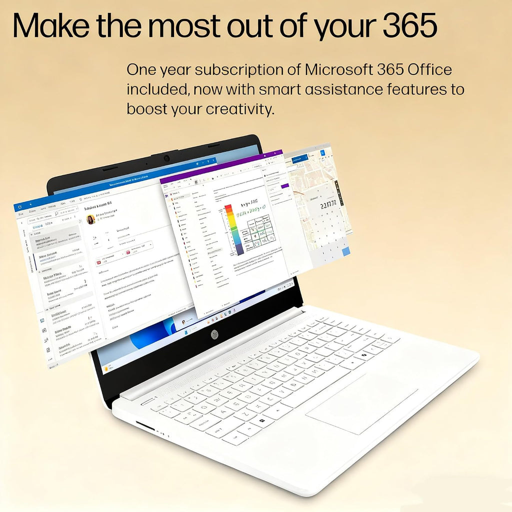 HP 14' HD Laptop - Intel Celeron, 8GB RAM, 64GB eMMC - Lightweight & 12H Battery, Sleek Design with Multiple Ports, Webcam/Mic for Business/Students/Tourists - Microsoft 365 Included, Snowflake White