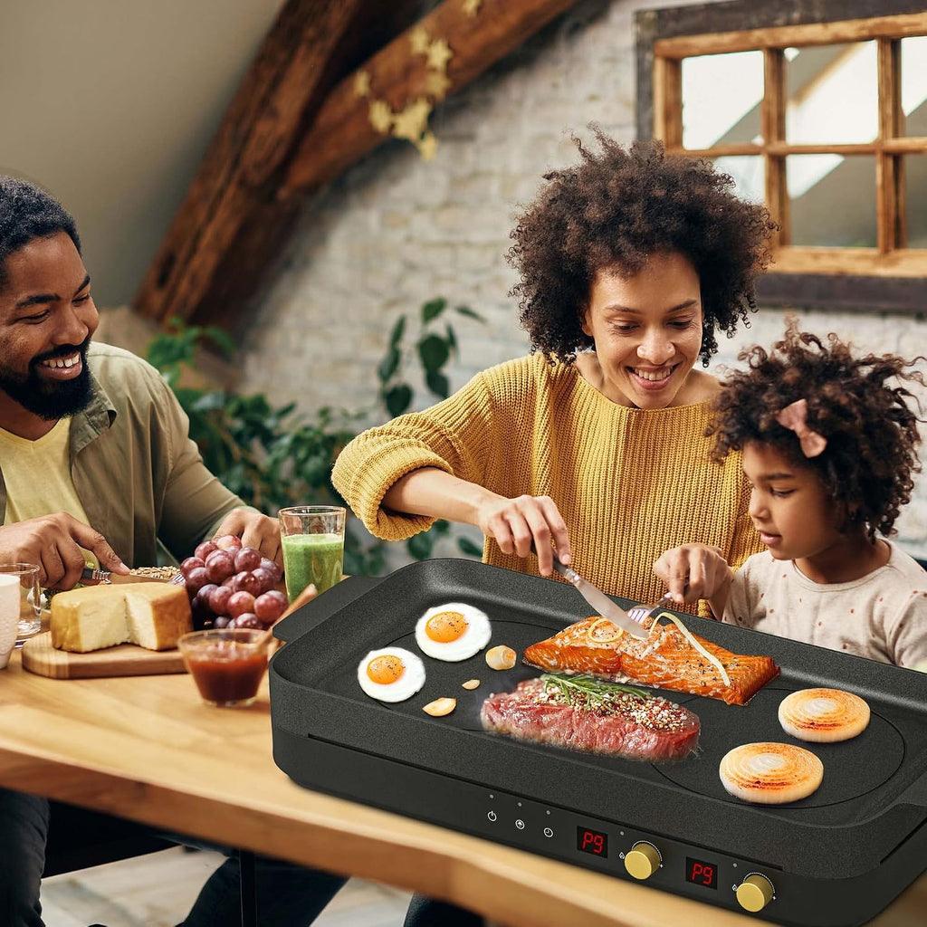 COOKTRON Portable Induction Cooktop 2 Burner with Removable Iron Cast Griddle Pan Non-stick, 1800W Double Induction Cooktop with Child Safety Lock & Time, Great for Family Party