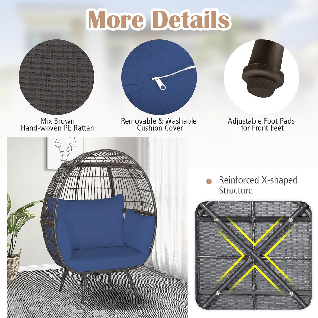 Giantex Oversized Wicker Egg Chair, Outdoor & Indoor Hammock Chair with Thick Cushions, 2-Person PE Rattan Lounge Chair Swing Chair for Patio, Backyard,Porch, 450 LBS Weight Capacity (Dark Blue)