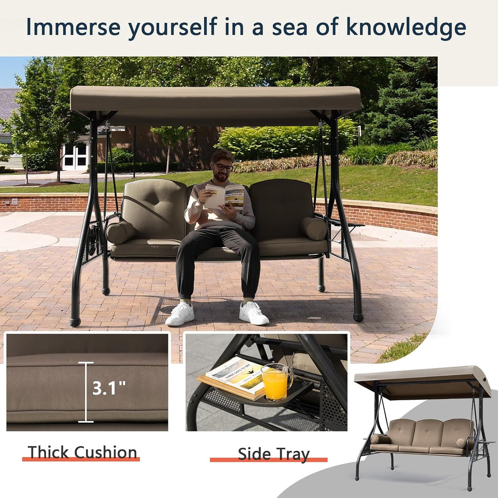 NOBLEMOOD Patio Porch Swing, 3-Seat Outdoor Swing with Adjustable Canopy, Waterproof Fabric Cushion, Pillow and Foldable Side Tray for Patio, Backyard, Porch Swing Bed for Spring