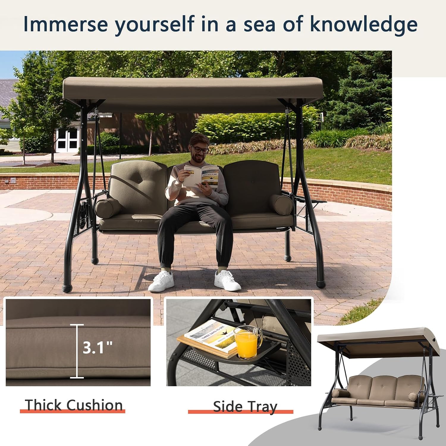 NOBLEMOOD Patio Porch Swing, 3-Seat Outdoor Swing with Adjustable Canopy, Waterproof Fabric Cushion, Pillow and Foldable Side Tray for Patio, Backyard, Porch Swing Bed for Spring