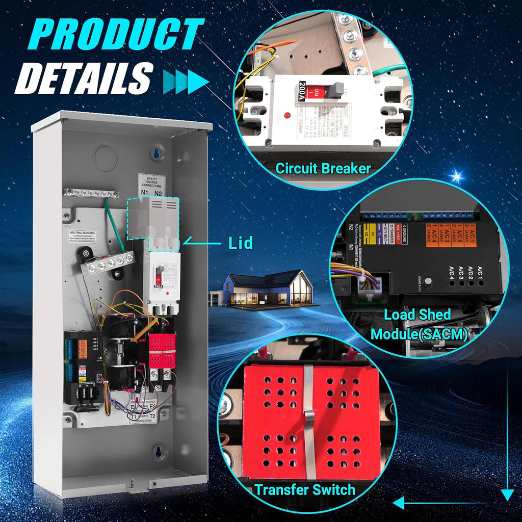 200 Amp Automatic Transfer Switch Replacement for Generac RXSW200A3,w/Power Management 120/240V, 1-Phase, Open Transition Service Rated, NEMA 3R Aluminum Enclosure for Indoor and Outdoor Use
