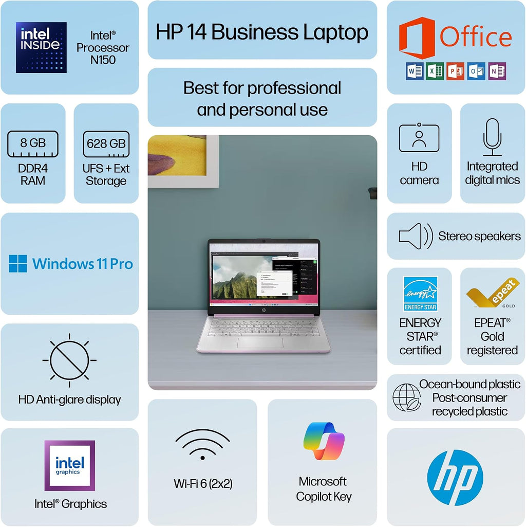 HP 14' Laptop Computer 2025-2026 Business Student, Copilot AI, Lifetime Office, 4-Core Intel CPU, 8GB RAM, 628GB Storage (128GB UFS +500GB Ext) Wi-Fi 6, 10+ Hrs, MarxsolAccessory, Win 11 Pro, Lavender