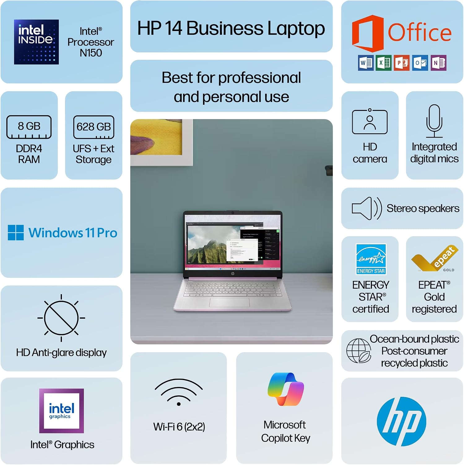 HP 14' Laptop Computer 2025-2026 Business Student, Copilot AI, Lifetime Office, 4-Core Intel CPU, 8GB RAM, 628GB Storage (128GB UFS +500GB Ext) Wi-Fi 6, 10+ Hrs, MarxsolAccessory, Win 11 Pro, Lavender