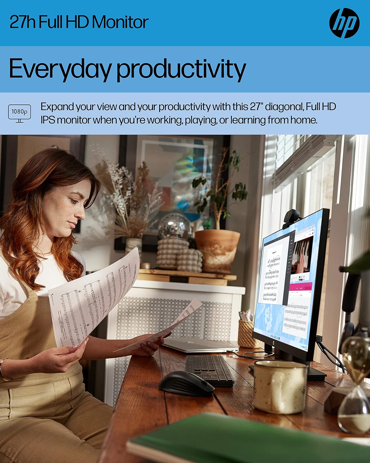 HP 27h Full HD Monitor - Diagonal - IPS Panel & 75Hz Refresh Rate - Smooth Screen - 3-Sided Micro-Edge Bezel - 100mm Height/Tilt Adjust - Built-in Dual Speakers - for Hybrid Workers