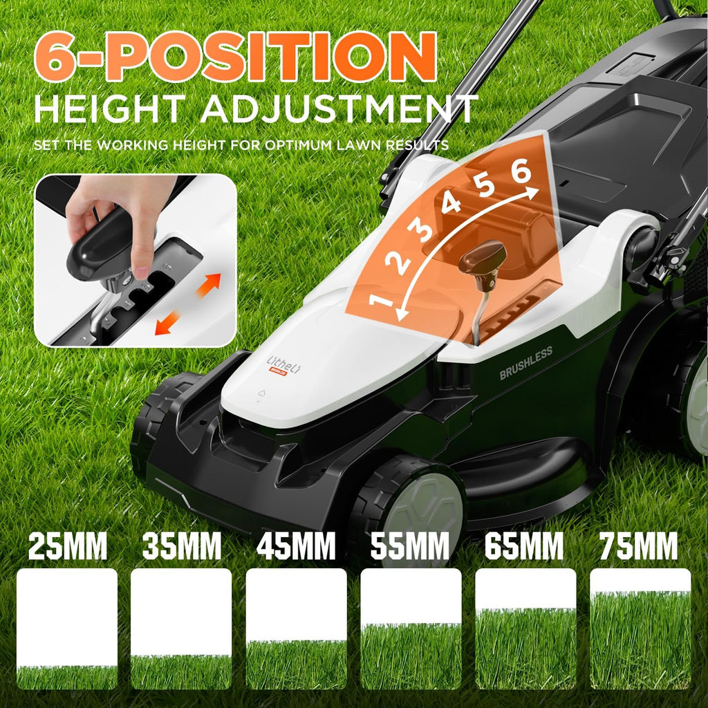 Litheli 16.1' Electric Lawn Mower Cordless, Brushless Lawnmower with 6-Height Adjust and 2 x 4.0Ah Batteries, for Garden and Yards
