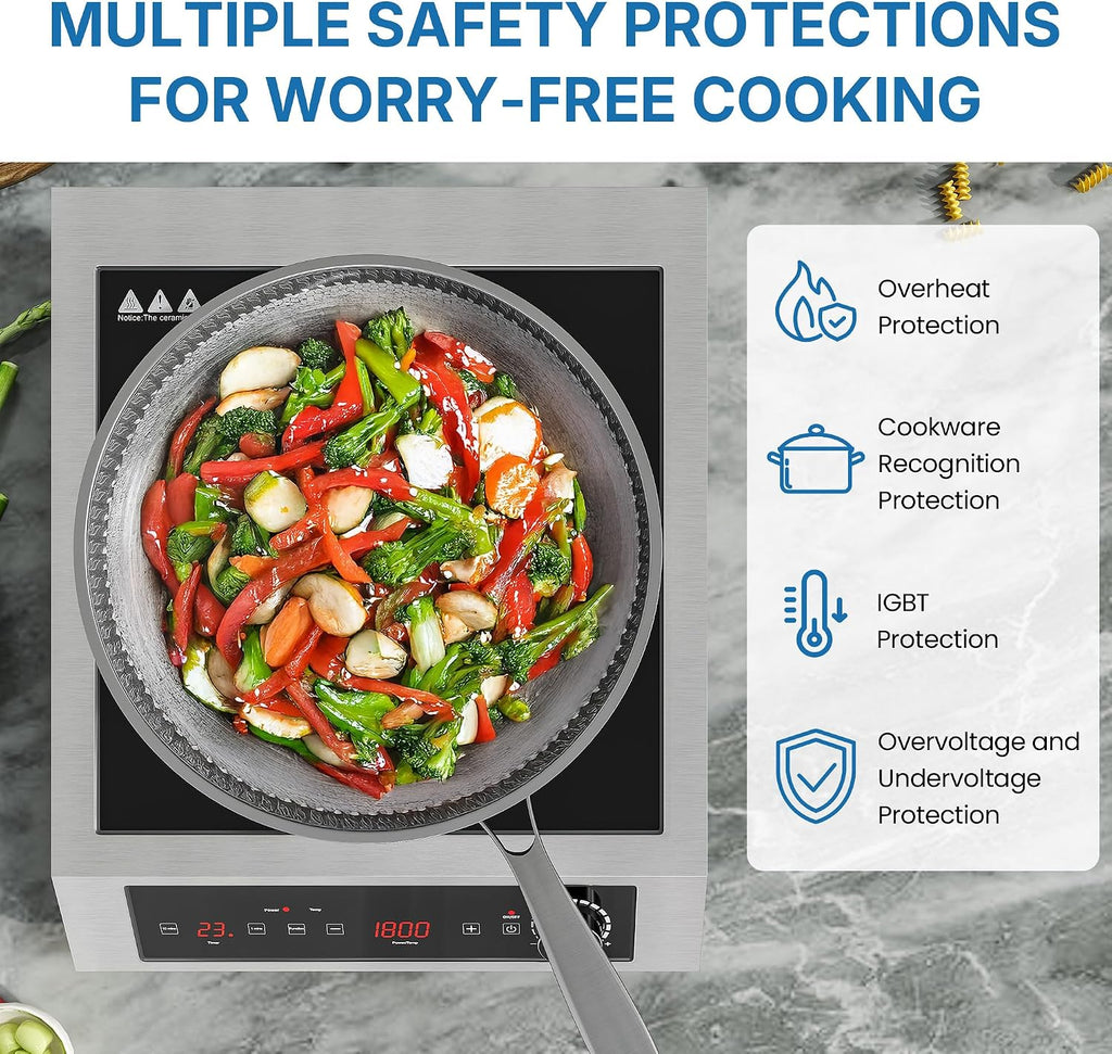 Commercial Electric Induction Cooktop, 1800W Induction Hot Plate, 10 Power & 10 Temp Setting, Professional Countertop Burner with Timer, Electric Stove with LED Screen, Black