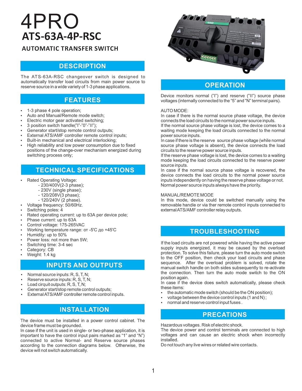 4PRO ATS-63A-4P-RSC 230V Automatic Changeover Switch 50-60Hz, 1-3 Phase, 4 pol, 3 pos,