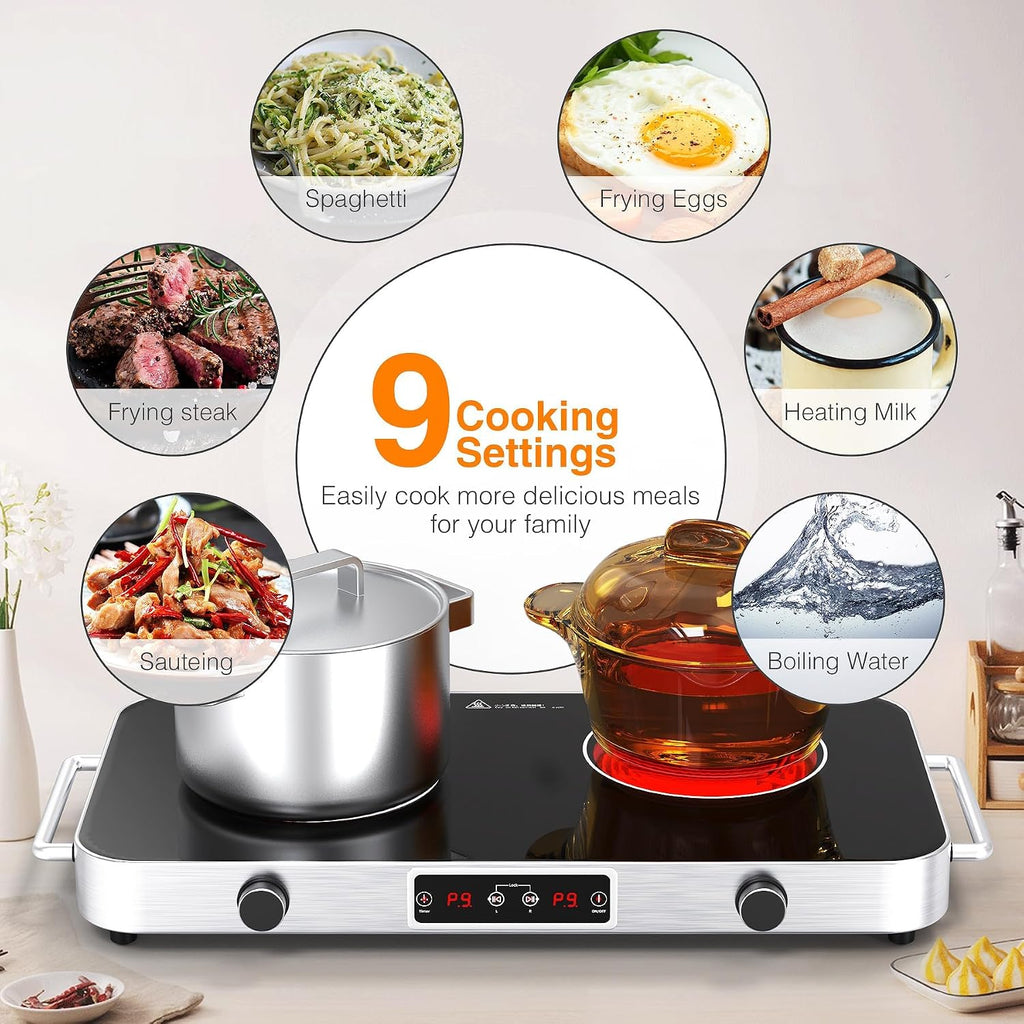 VBGK Cooktop,110V 2200W Stove with Knob Control,9 Power Levels, Kids Lock & Timer,LED touch control,Overheat Protection Stove Top,12 Inch desktop 2 burner cooktop