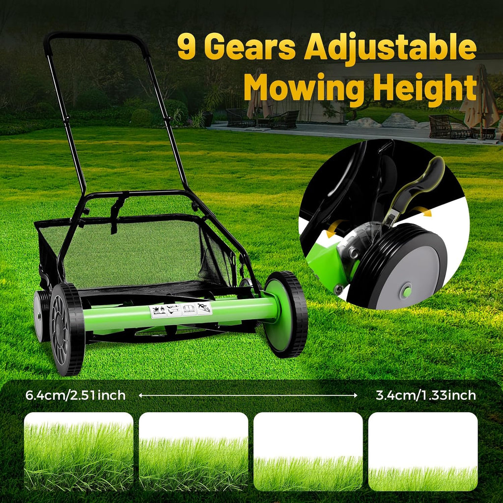 20 Inch 5-Blade Push Reel Lawn Mower, Cordless Manual Lawn Mower with Grass Catcher, Adjustable Cutting Height, Walk-Behind Lawn Mowers for Yard, Garden
