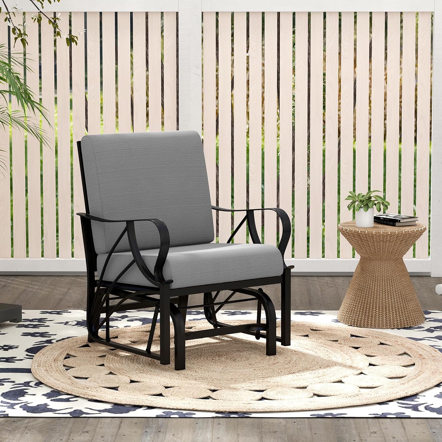 Tangkula Outdoor Patio Glider, Metal Framed Gliding Chair with Cushion, Ergonomic Single-Person Outdoor Patio Chair with Curved Armrest, Smooth Rocking Arms for Porch, Patio (1)