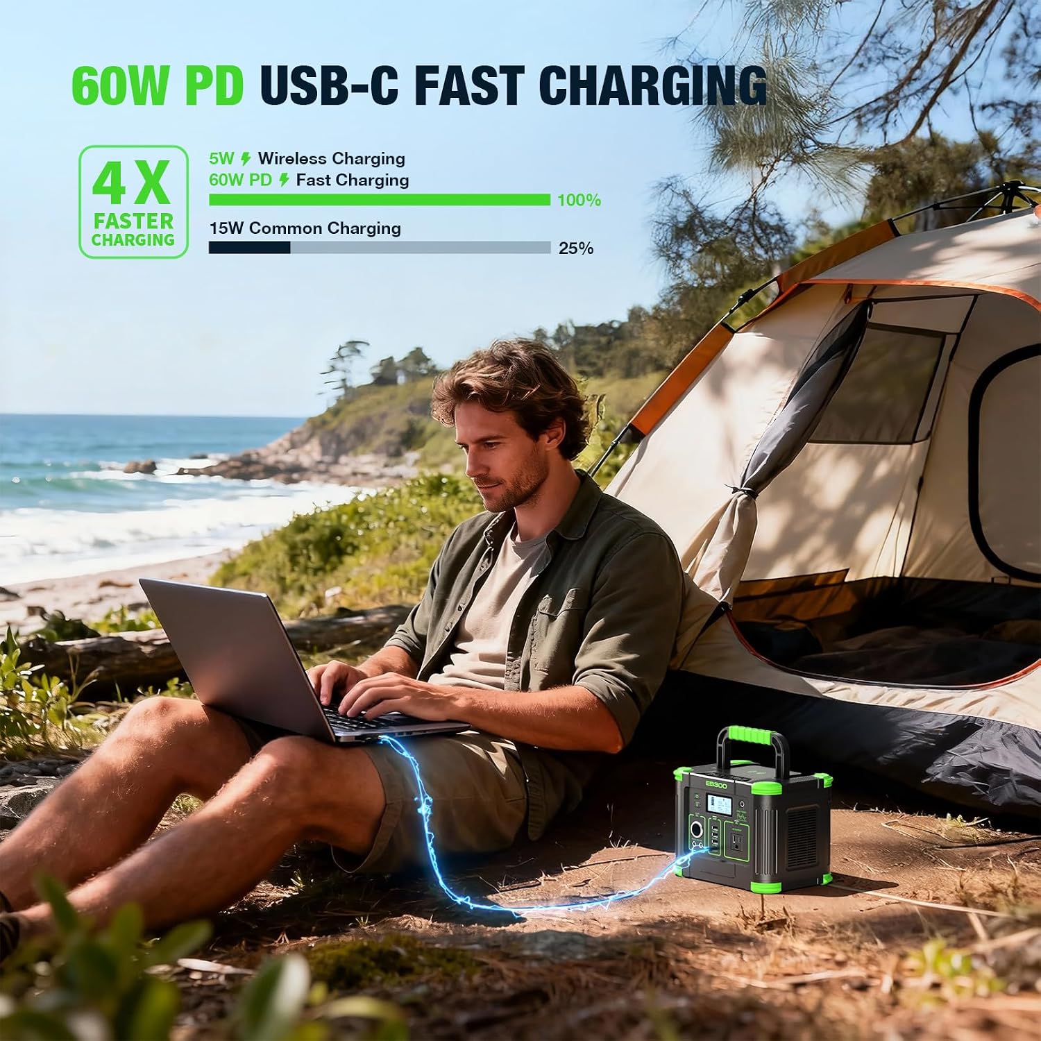 Portable Power Station 330W, 288.6Wh Solar Generator with 60W USB-C PD Output, 110V Pure Sine Wave AC Outlet, 5W Wireless Charging, 330W Backup Lithium Battery for Outdoor Camping Travel Hunting Home