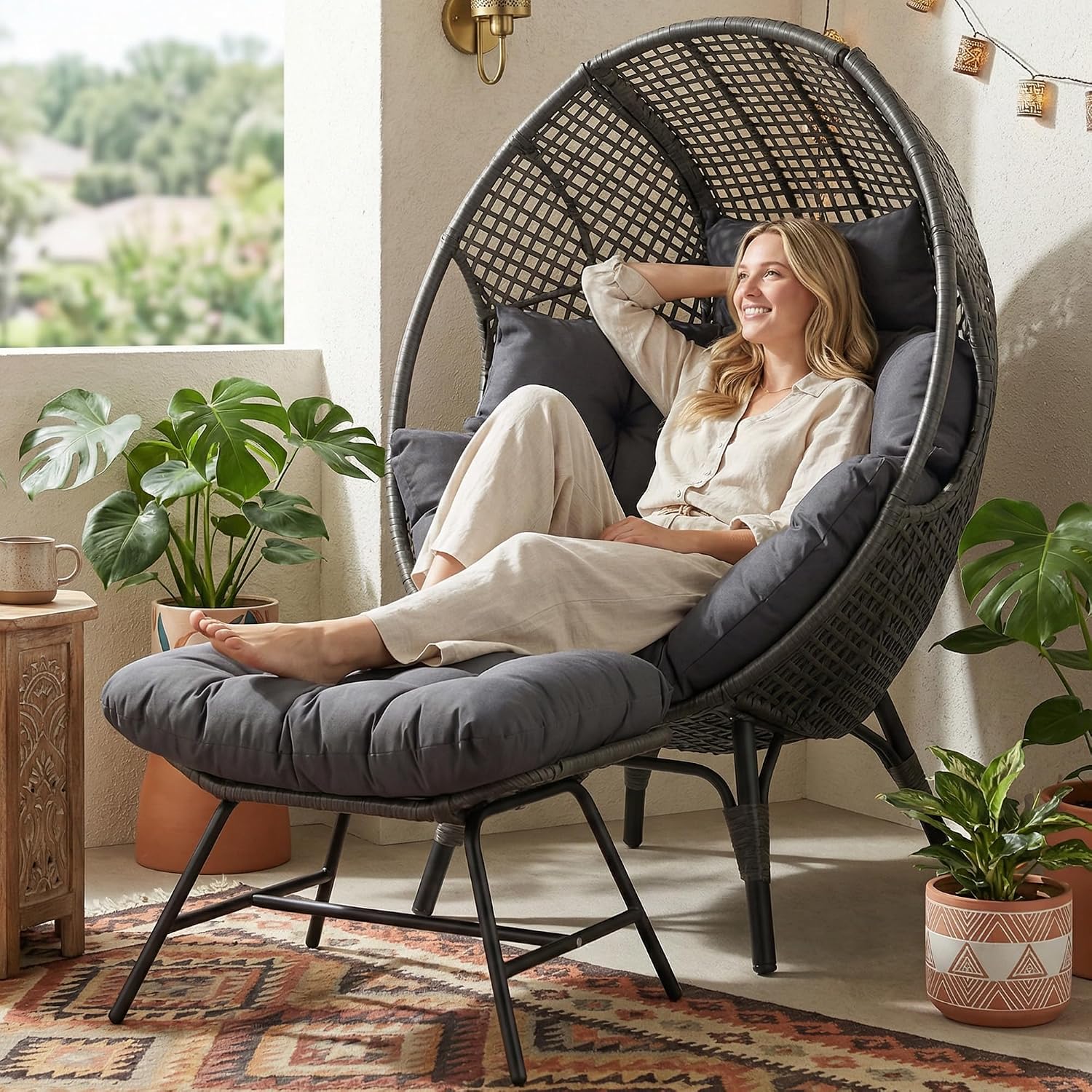 NICESOUL Patio Egg Chair with Ottoman, Big Oversized 440lbs Half-Egg Shape Chair w/Footstool, Comfortable Boho Rattan Lounger Chair w/Cushion for Reading, Living Room, Indoor, Exteriors, Porch,Gray