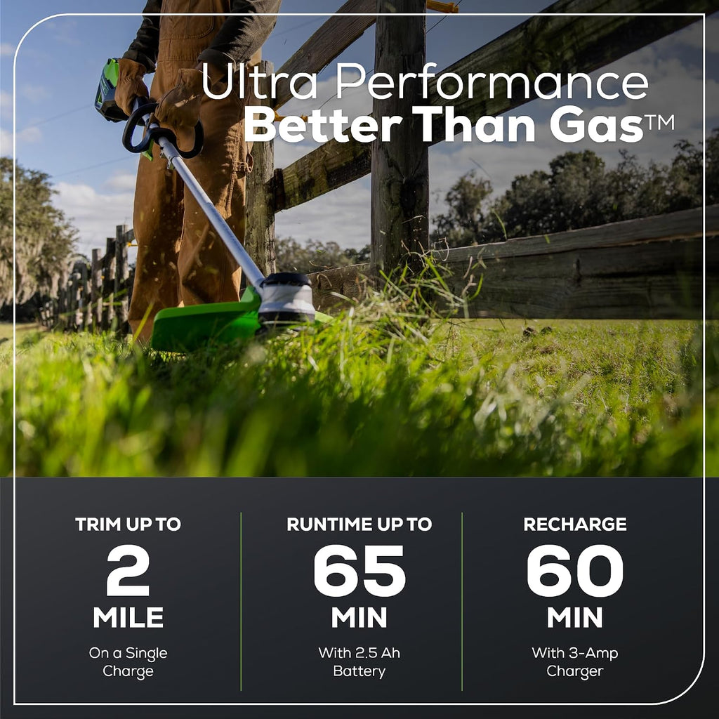 Greenworks 60V 16' Brushless Cordless String Trimmer - 65min Runtime for 2-Mile Fence Lines & Large Properties, 2X Quieter Than Gas, 2.5Ah Battery/Charger Included