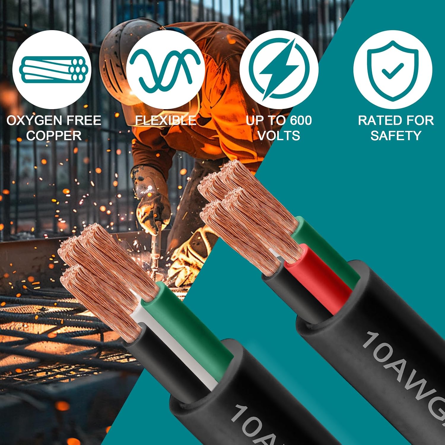 8/3 SOOW Wire 50FT, 8 AWG 600V SOOW Bulk Cable, 8 Gauge 3 Conductor Portable Power Cable, Extension Cord for Welder,Generator,Portable Light,Circuits,EV Car Charger,Motor Lead