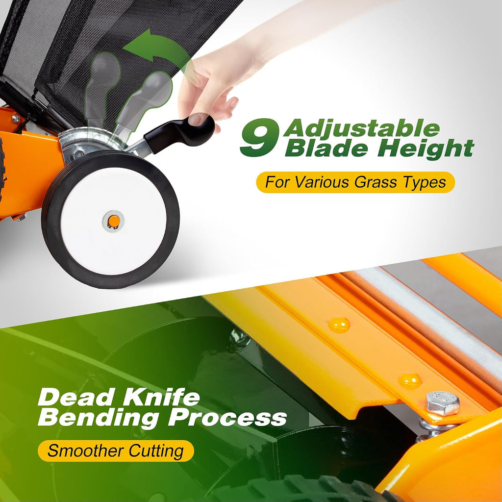 Walensee 18-Inch 5-Blade Push Reel Lawn Mower, Cordless Manual Reel Lawn Mower Walk-Behind Steel Lawn Mowers with Removable 10-Gallon Grass Catcher, Sponge Grip, 9-Position Cutting Height Adjustment