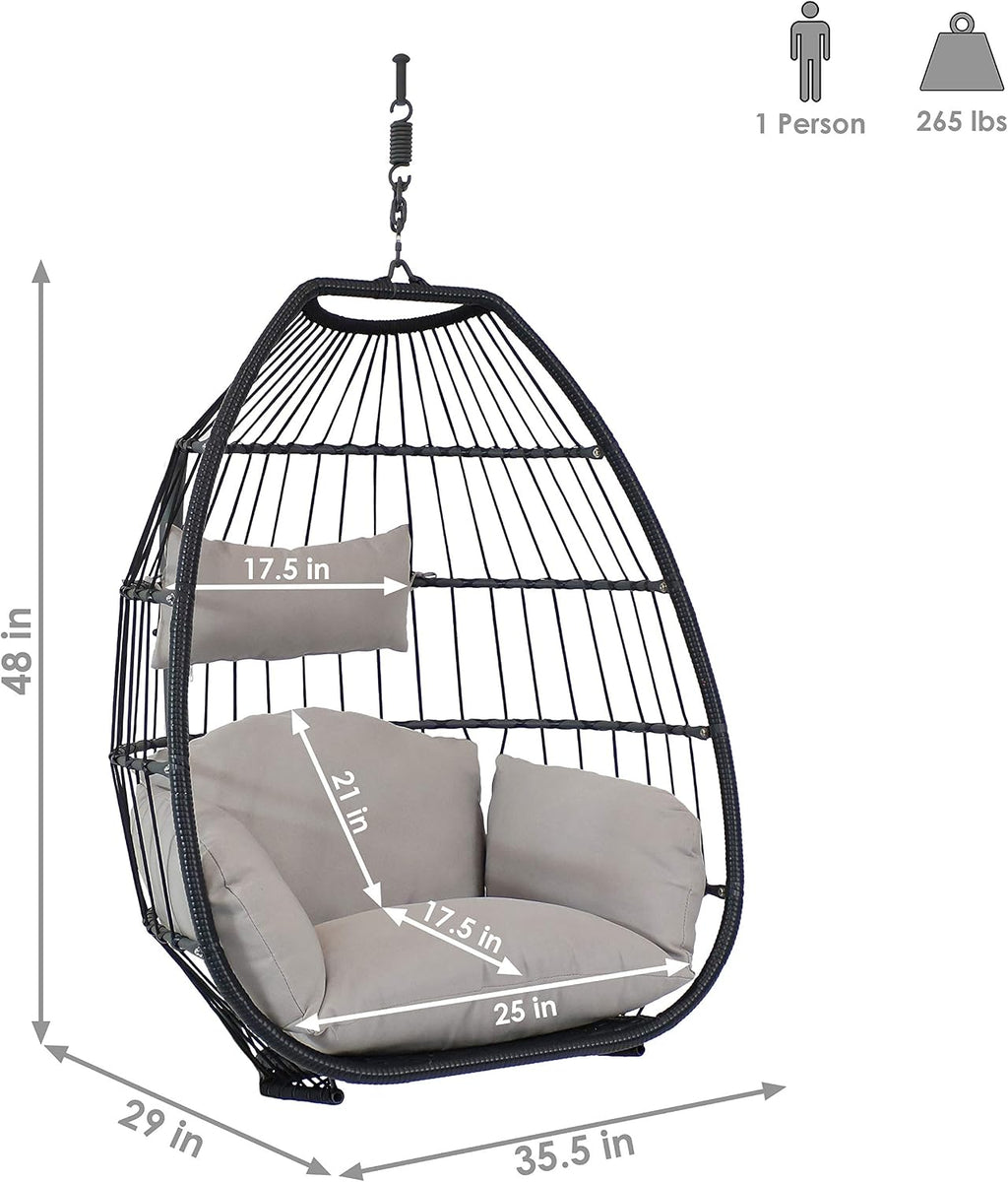 Sunnydaze Oliver Hanging Egg Chair with Seat Cushions - Black Resin Wicker Frame with Gray Polyester Cushions - 48-Inch