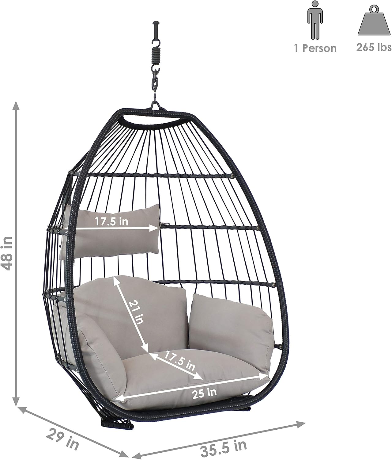 Sunnydaze Oliver Hanging Egg Chair with Seat Cushions - Black Resin Wicker Frame with Gray Polyester Cushions - 48-Inch