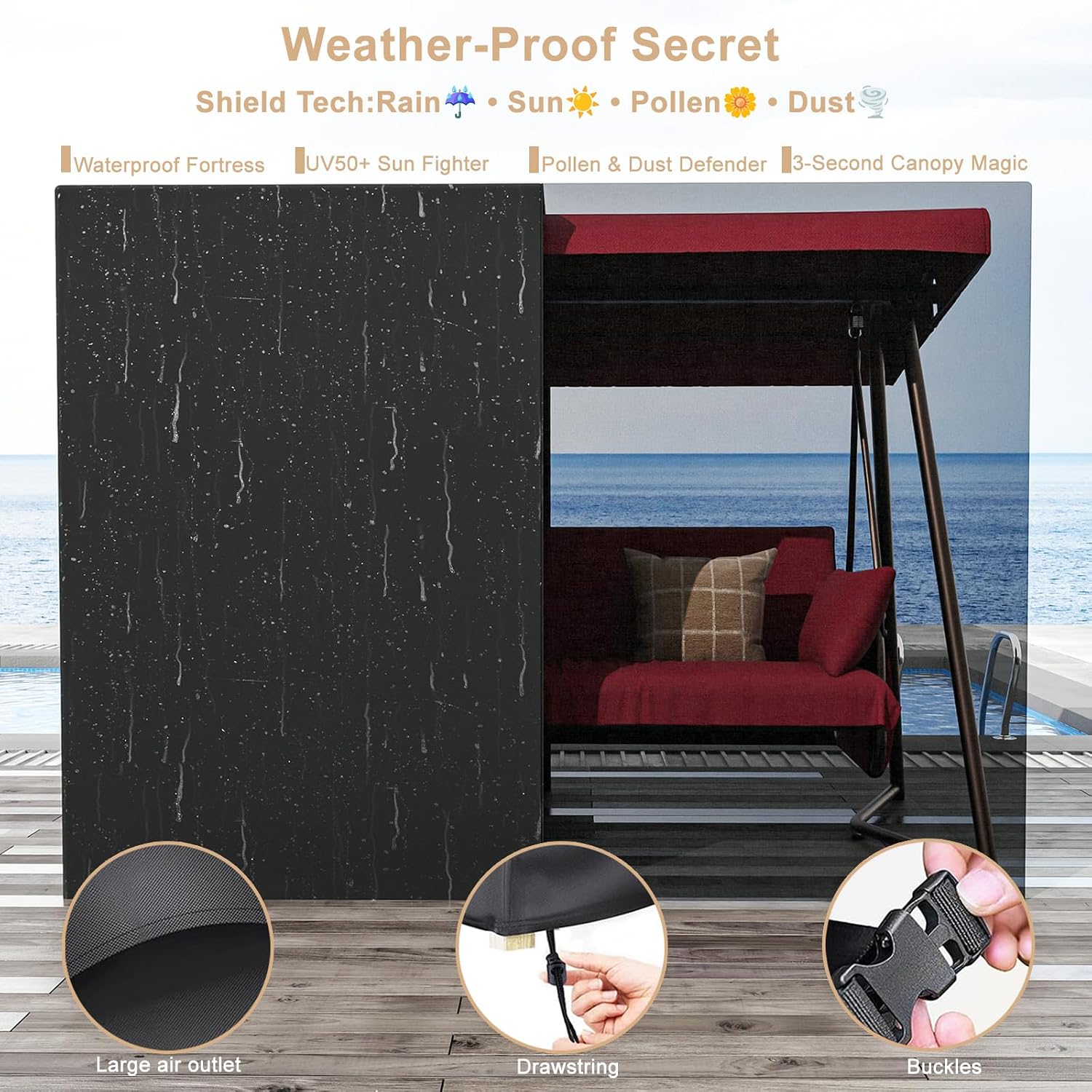 3-4 Seat Oversized Outdoor Porch Swing with Adjustable Backrest Canopy,2-in 1 Swing Bed with Stand 800 lbs Capacity,Patio Swing Chair with Removable Cushions for Yard Garden Poolside Balcony