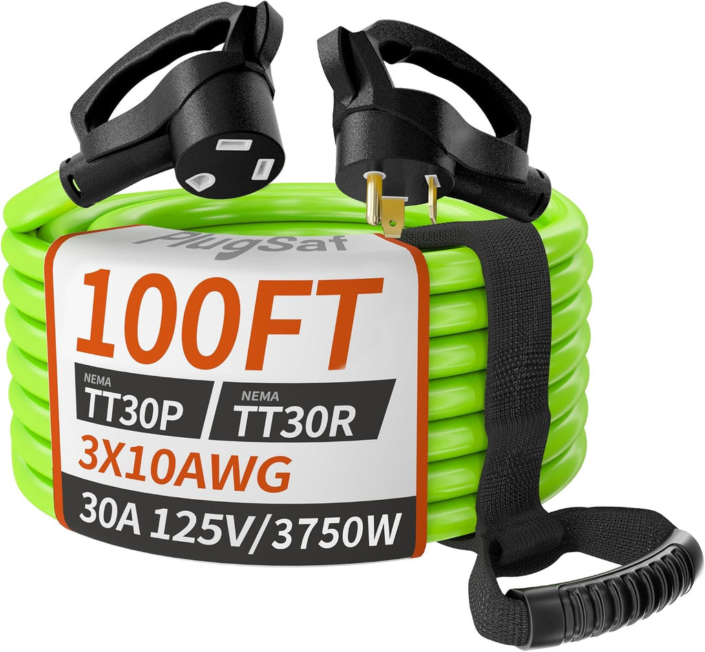 PlugSaf 100 FT 30 Amp RV Extension Cord Outdoor with Grip Handle, 10/3 Gauge Flexible Heavy Duty RV Power Cord Waterproof, NEMA TT-30P to NEMA TT-30R, 10AWG 125V 3750W STW, Green-Black, ETL Listed