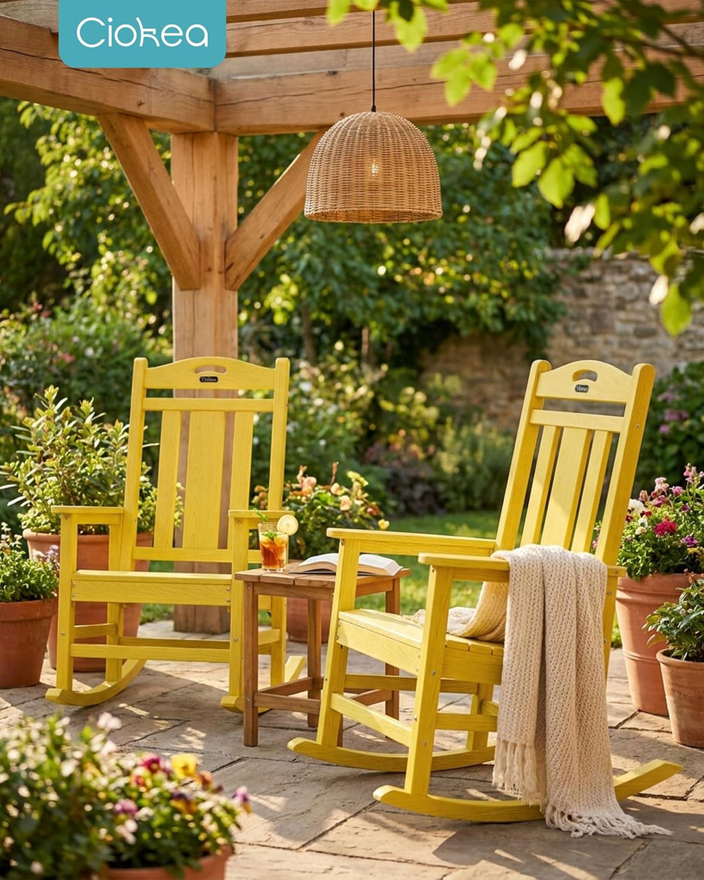 Ciokea Oversized Outdoor Rocking Chairs Set of 2, 380lbs Heavy-Duty Large Patio Rocker, High Back Cozy Porch Chairs, Weather Resistant Patio Rocking Chairs for Outside, Fire Pit, Deck, Citron Yellow