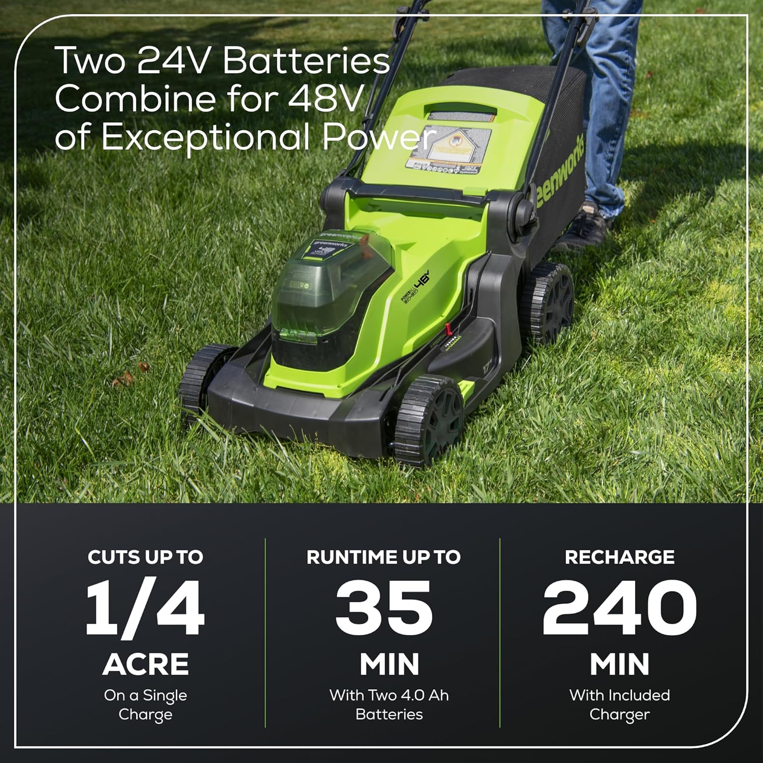 Greenworks 48V (24V x 2) 17' Brushless Cordless Push Lawn Mower, Includes (2) 4.0Ah Batteries and Dual Port Rapid Charger((200+ Compatible Tools, 45Min Runtime)