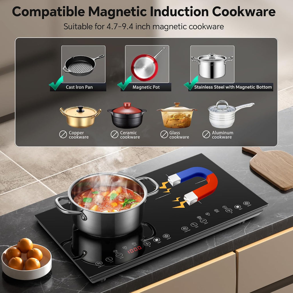 Portable Induction Cooktop 2 Burner - 1800W Double Induction Cooker with 8 Power Settings, 4 Pre-Set Modes, Ultra Thin Design, Sensor Touch Control, Child Safety Lock & Timer | Electric Cooktop