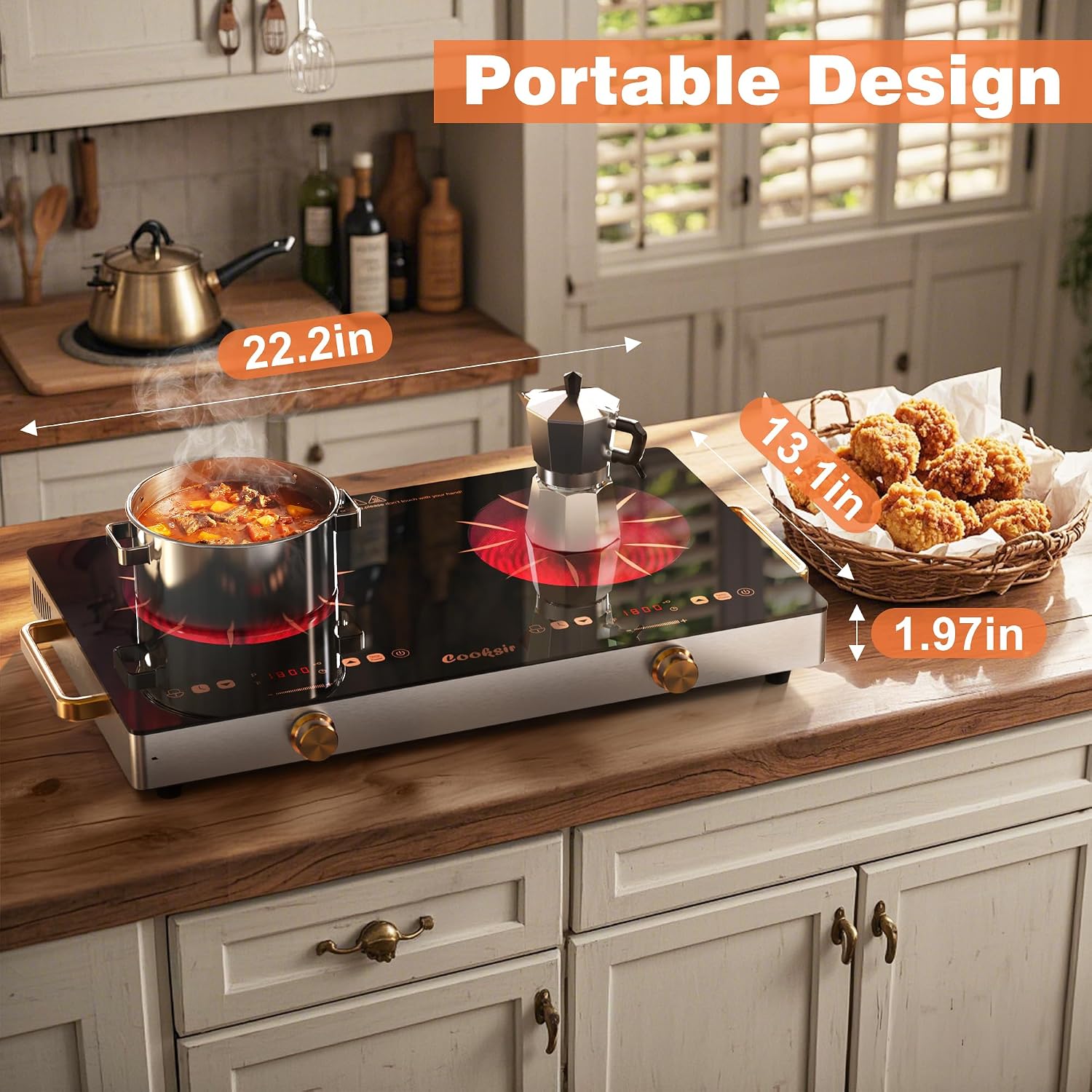 2 Burner Electric Cooktop - 24 Inch Portable Electric Stovetop 110V, 2000W Countertop Tow Burner Ceramic Cooktop with LCD Control Panel, Child Lock, Timer, Knob Control with Plug (Golden)