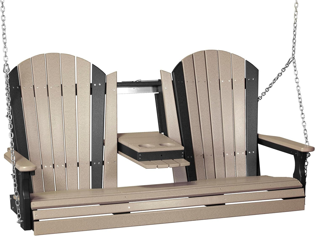 LuxCraft 5' Adirondack Hanging Front Porch Swing with Flip Down Console, Seats Up to 3, Outdoor Patio Swing Bench for Outside (Weatherwood & Black)