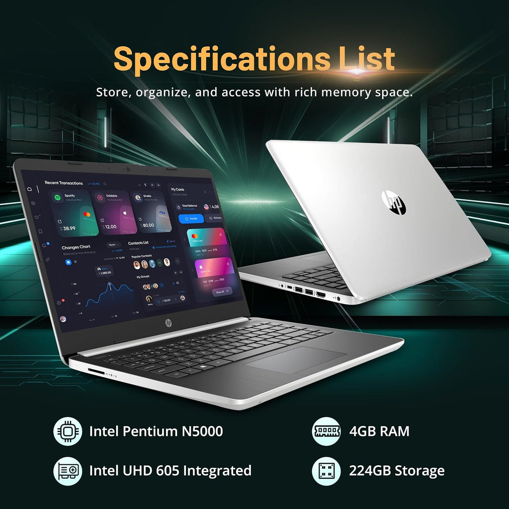 HP 14'' FHD Laptop, Intel Pentium Silver N5000, 4GB DDR4 RAM, 224GB Storage(64GB eMMC + 160GB Docking Station Set), Intel UHD Graphics, Wi-Fi 5, 720p Webcam, Windows 10 S, Silver