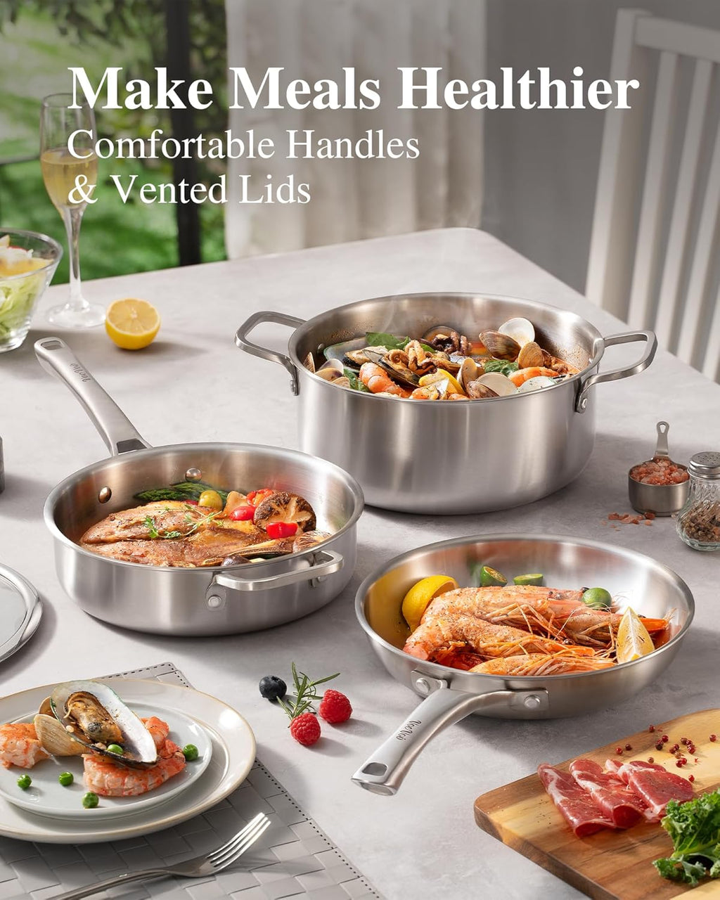 Stainless Steel Cookware Set,Tir-Ply Pots and Pans Set,13 Pcs Stainless Steel Induction Kitchen Cookware Sets,PFOA Free, Frying Pans, Butter warmer,Saute Pan & Stock Pot,Compatible with All Cooktops